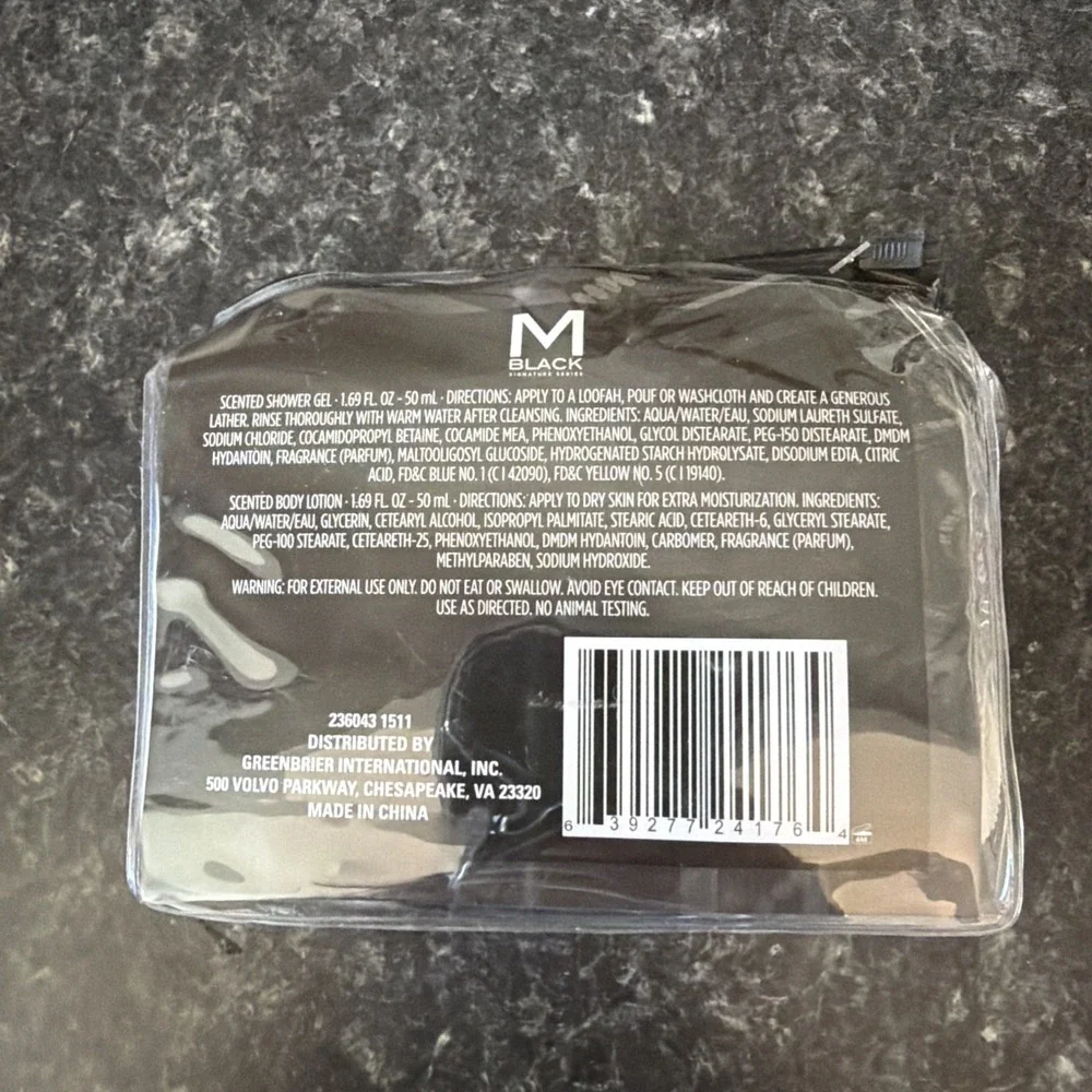 M‎ Black Scented Shower Gel & Body Lotion Set Travel Size 1.69 Fl Oz
